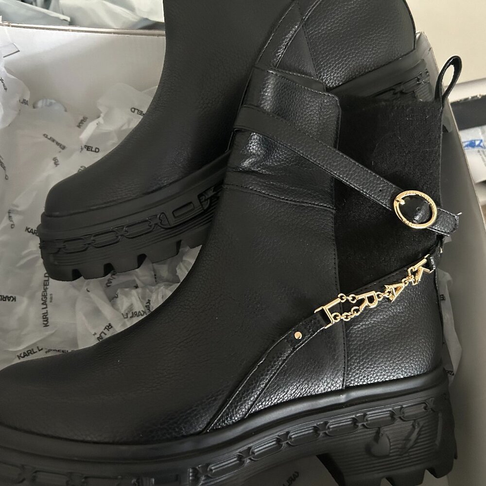 Karl Lagerfeld Black Moto Boots with Gold Chain
